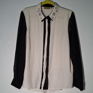 Princess Vera Wang Black and Cream Blouse with Embellished Collar